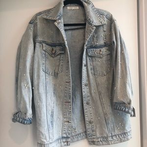 Oversized denim jacket w/ pearls